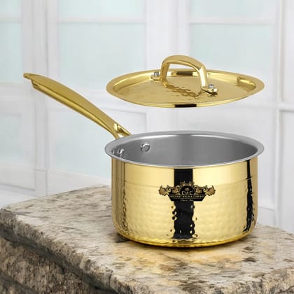 Pure Brass Sauce Pan With Kalai And Lid Hammered Finish-1 litres