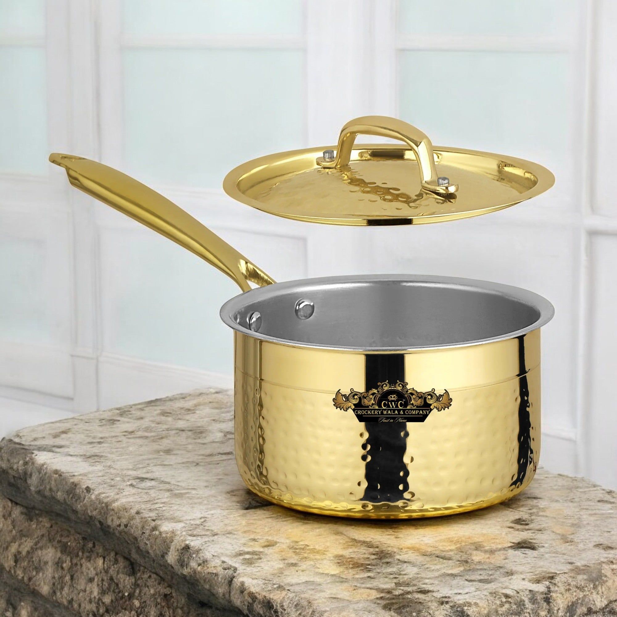 Pure Brass Sauce Pan With Kalai And Lid Hammered Finish-1 litres