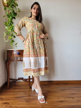 Expressive Blockprinted Cotton Long Dress-36(S)