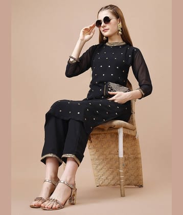 Women Basket Georgette Embroidered Kurti With Pants Women's Stitched Salwar Suit - Black ( Pack of 1 )