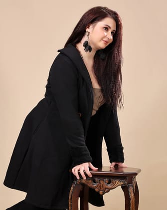 Black Solid Double Breasted Coat-L / Black