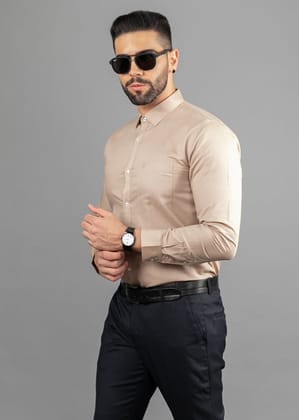 Linen Cotton Blend,Piece Dyed,Plain, Full Sleeves,Semi Slim Fit,Light Brown, Men,Shirt-38