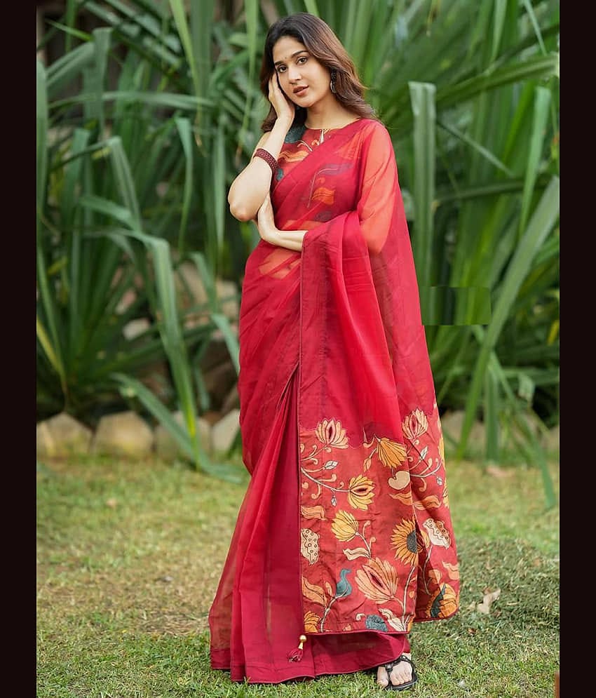 KV Fashion Linen Printed Regular Saree With Unstitched Blouse Piece ( Red )