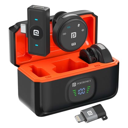 Portronics Vlogmate 3 Dual Wireless Collar Lapel Microphone with ENC Noise Cancellation & Charging Case (Black)