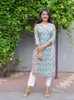 Bageecha Mint Green Floral Straight Cut Cotton Kurta-XS