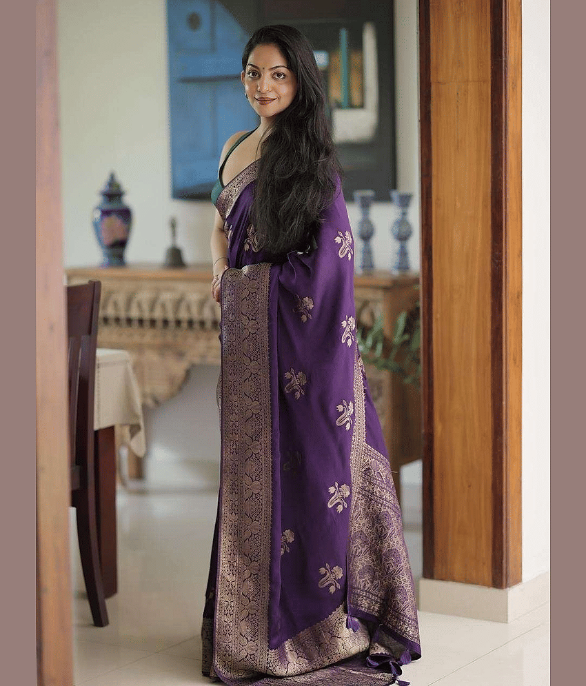 Vastukala Silk Woven Design Banarasi saree With Unstitched Blouse Piece ( Purple )