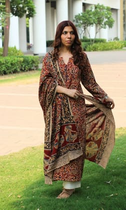 Cotton Handblock Kalamkari Red Nritya Kurta and Dupatta-XXS