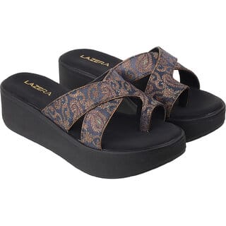 Lazera Black Wedge Heel Sandals for Women Brocade Toe Loop Platform Style
