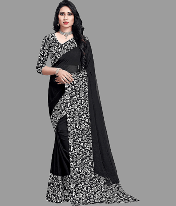 Sanjana Silk Georgette Printed Saree With Unstitched Blouse Piece ( Black )
