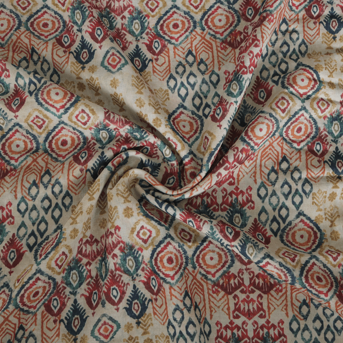 Multicolour Ikat and abstract Pattern Digital Printed Fabric - Linen