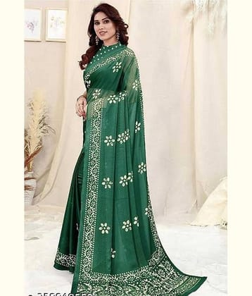 JIHANA FAB Georgette Printed Saree With Unstitched Blouse Piece ( Green )