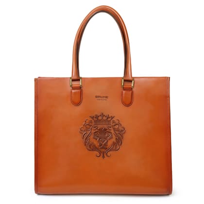 Large Sized Tan Leather Button Opening Hand Bag-Large