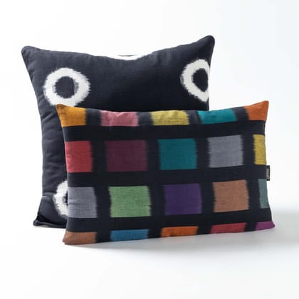 Handwoven Ikat Cushion Cover Set of 2-18Inches x 18Inches & 12Inches x 18Inches / Black / White & Multi-colored / Cotton