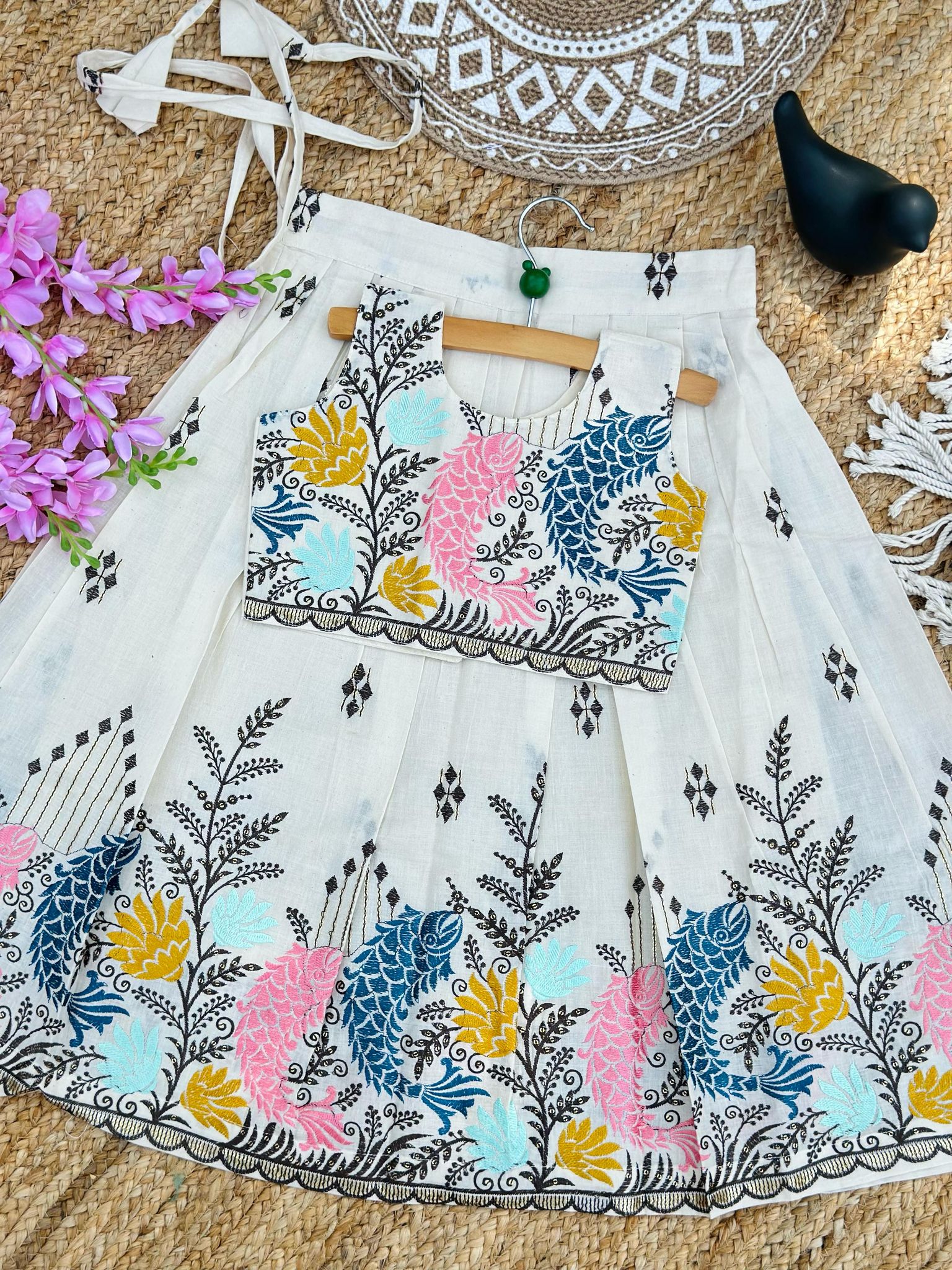 Exquisite Premium Cotton Fabric work Lahenga with Top for kids-Beige / 0-6 Month