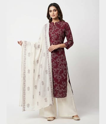 Yash Gallery Women Cotton Printed A-line Kurti With Palazzo ( Wine )