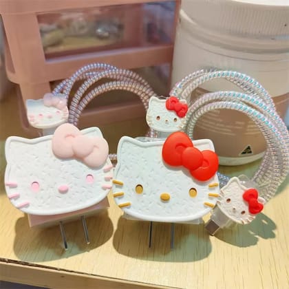 Hello Kitty White iPhone Adapter Charger Cable Wire Protector Set-Pink