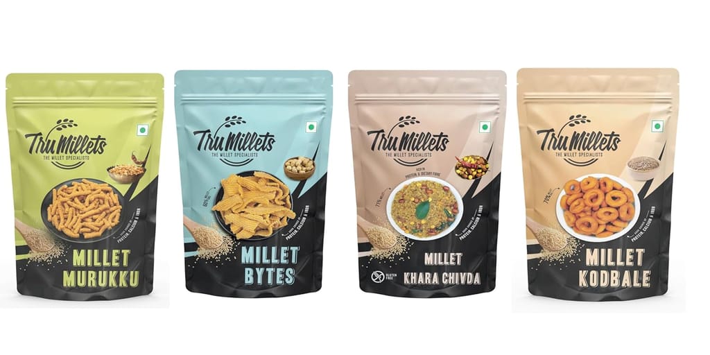 TruMillets Healthy Millet Snack Combo | Namkeen | Khara Chivda, Millet Bites, Murukku, Kodbale | No Preservatives | 125g Each (Pack of 4)