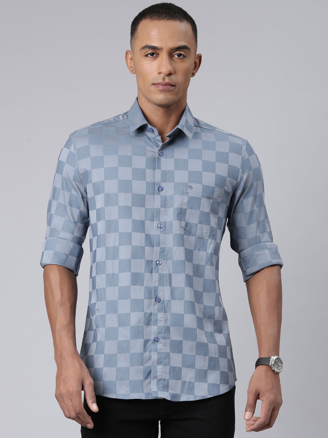 Classic Polo Mens Checks Blue/Grey Polo Neck Woven Slim Fit Shirt | SO2-110 A-FS-CHK-SF