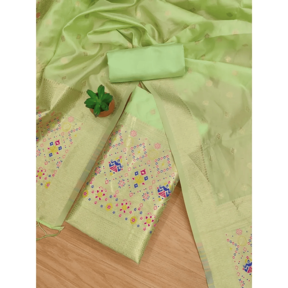 Generic Women's Banarasi Silk Printed Unstitched Salwar Suit Material With Dupatta (Pista, 3Mtrs)