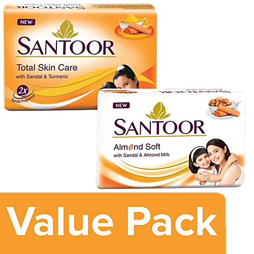 Santoor Almond & Milk Soap 100 g + Sandal & Turmeric Soap 100 g, Combo 2 Items