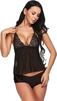 Women’s Sheer Lace Babydoll Top & Panty Set | Transparent Lingerie Nightwear | Sexy Mesh Sleepwear for Honeymoon & Romance