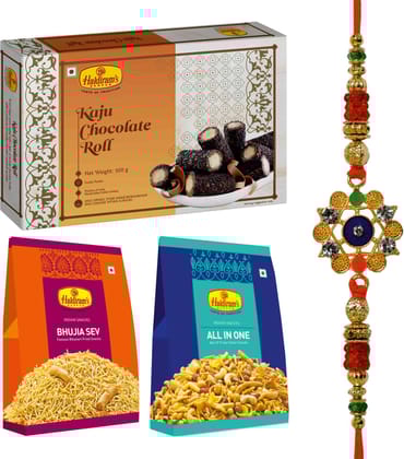 Haldiram's Nagpur Kaju Chocolate Roll 500g, Bhujia Sev200g,All in One200g With Rakhi Assorted Gift Box (Multicolor)