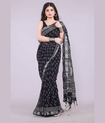 NOITAERCPR Cotton Printed Saree With Unstitched Blouse Piece ( Black )