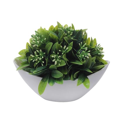 Foliyaj Artificial Plant Bush in Plastic Pot for Home Decor | Decoration Items for Living Room | Decorative Table Top Indoor Plants Bonsai for Office Desks & Counters | Faux Plant with White Buds