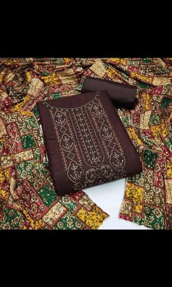 Slub Cotton Kashmiri Embroidery work Salwar Material (Unstitched)-Brown