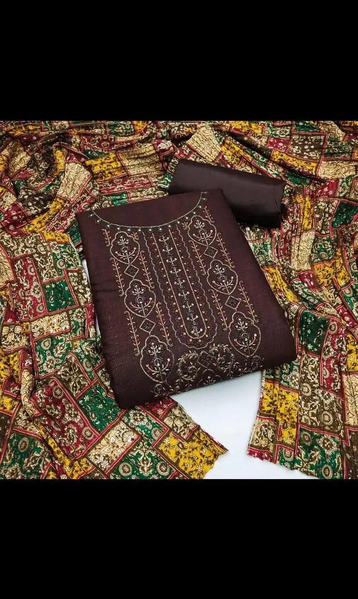 Slub Cotton Kashmiri Embroidery work Salwar Material (Unstitched)-Brown