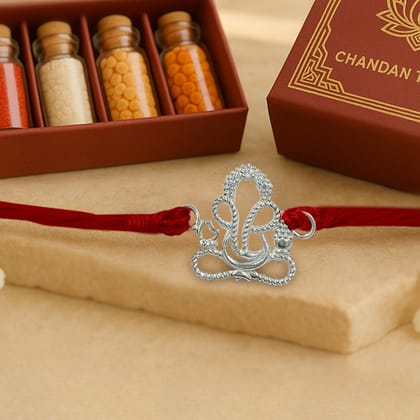 Pure 92.5 Lord Ganesha Line Image Silver Rakhi with Chandan Tilak Set