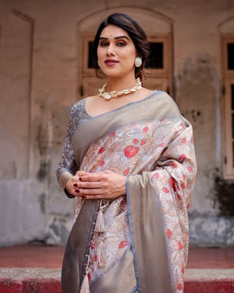 Elegant Grey Banarasi Silk Saree with Intricate Floral Design and Zari Weave-Regular