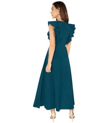 Women's Knitting Stretchable Solid Round Neck Ruffled Sleeve Dresses (Blue, L)-PID56820