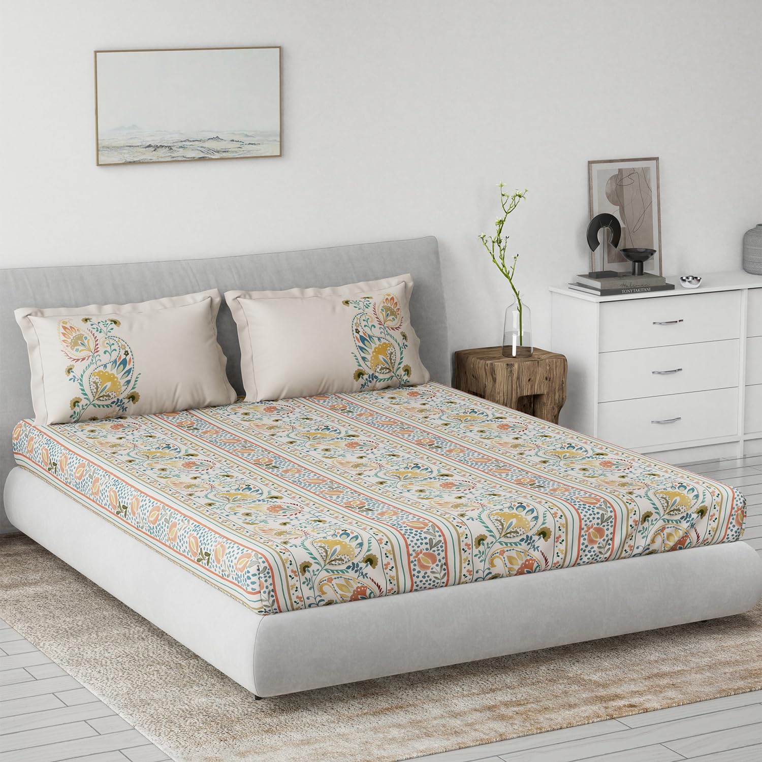 DDECOR - Primary Collection 100% Cotton Ethnic Pattern 145TC King Fitted Sheet|180 CM X 198 CM| - Yellow