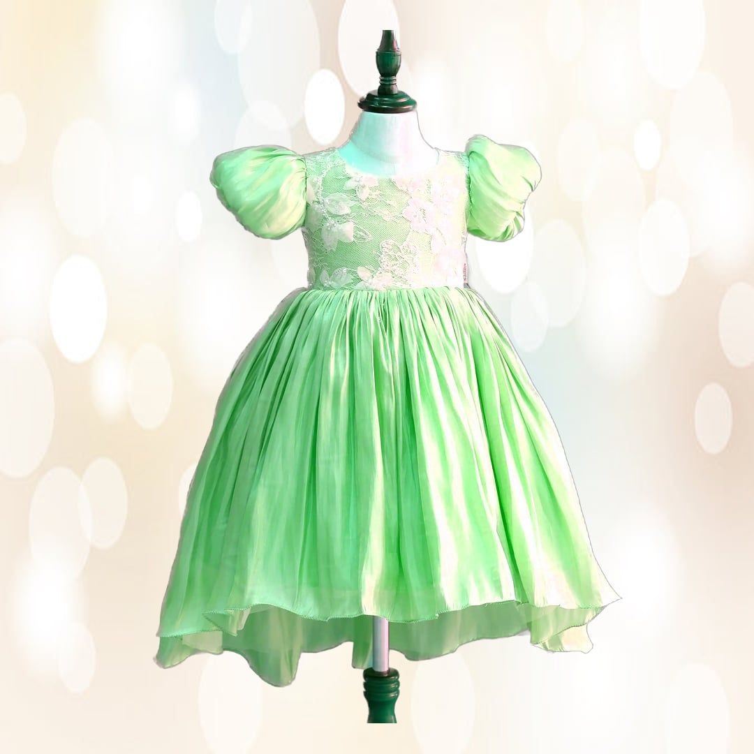 Elegant Mint Green Lace Party Dress for Girls | Floral Lace Bodice | Festive Occasion
