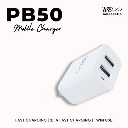 WALTA ELITE PB50 QC 3.1AMP 2 USB V8 CHARGER / 18W Charger, Dual Port, Charger Adapter, Fast Charging Power Adaptor With USB Micro V8 Cable (White)