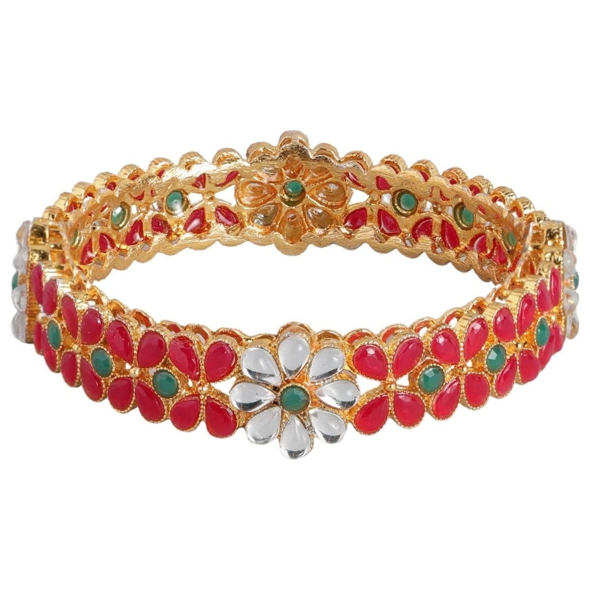 Traditional Gold-Plated Ruby and White Kundan Set of-2 Bangles