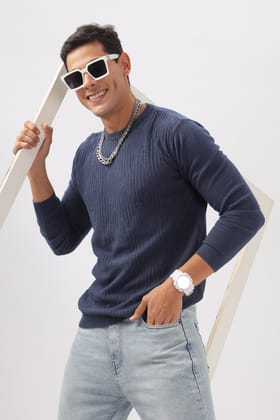 Diamond Knitted Blue Full-Sleeve T-Shirt-XL