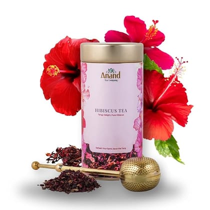 ANAND TEA - Herbal Hibiscus Tea, Made with Natural Dried Hibiscus Flowers Tea Rich in Vitamins & Antioxidants Hibiscus Flower Tea, Flower Based Herbal Tea Floral Flavor Tea - 50g with Brass Infuser