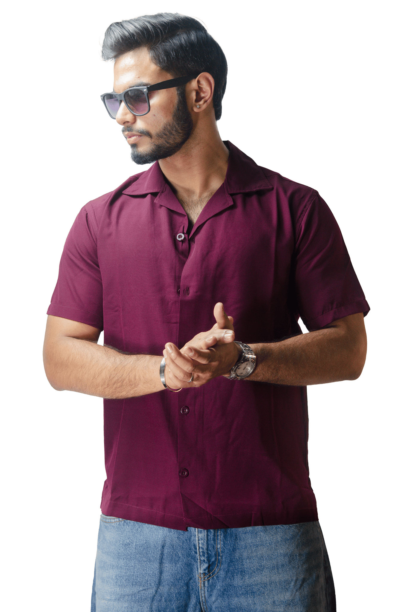 Cuban Collar Purple Shirt-L