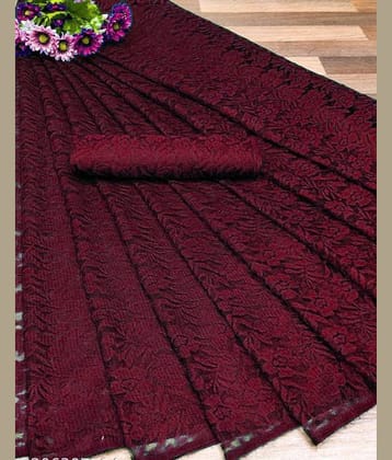 Vkaran Net Cut Outs Saree With Unstitched Blouse Piece ( Maroon )