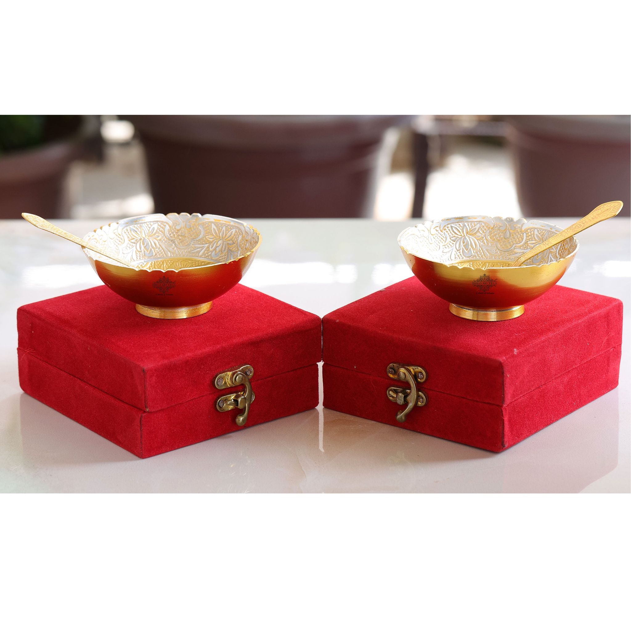 Indian Art Villa Silver Plated & Gold Polished Embossed Flower Design  Bowl With Spoon, Diwali Festive Gifts Item, Set of 2