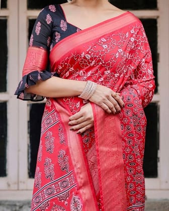 Fiery Red Tussar Silk Saree with Ornamental Motifs and Detailed Zari Pallu-Regular