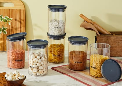 Solimo Plastic Storage Jar and Container Set I Air Tight & BPA Free Containers Kitchen Storage Set I Grocery Kitchen Container Set I Multipurpose Jar, 900 ml Each, Set of 6, Grey