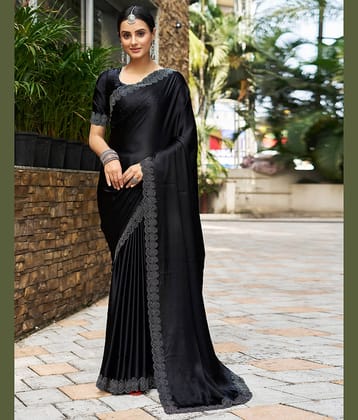 Satrani Satin Solid Saree With Unstitched Blouse Piece ( Black )