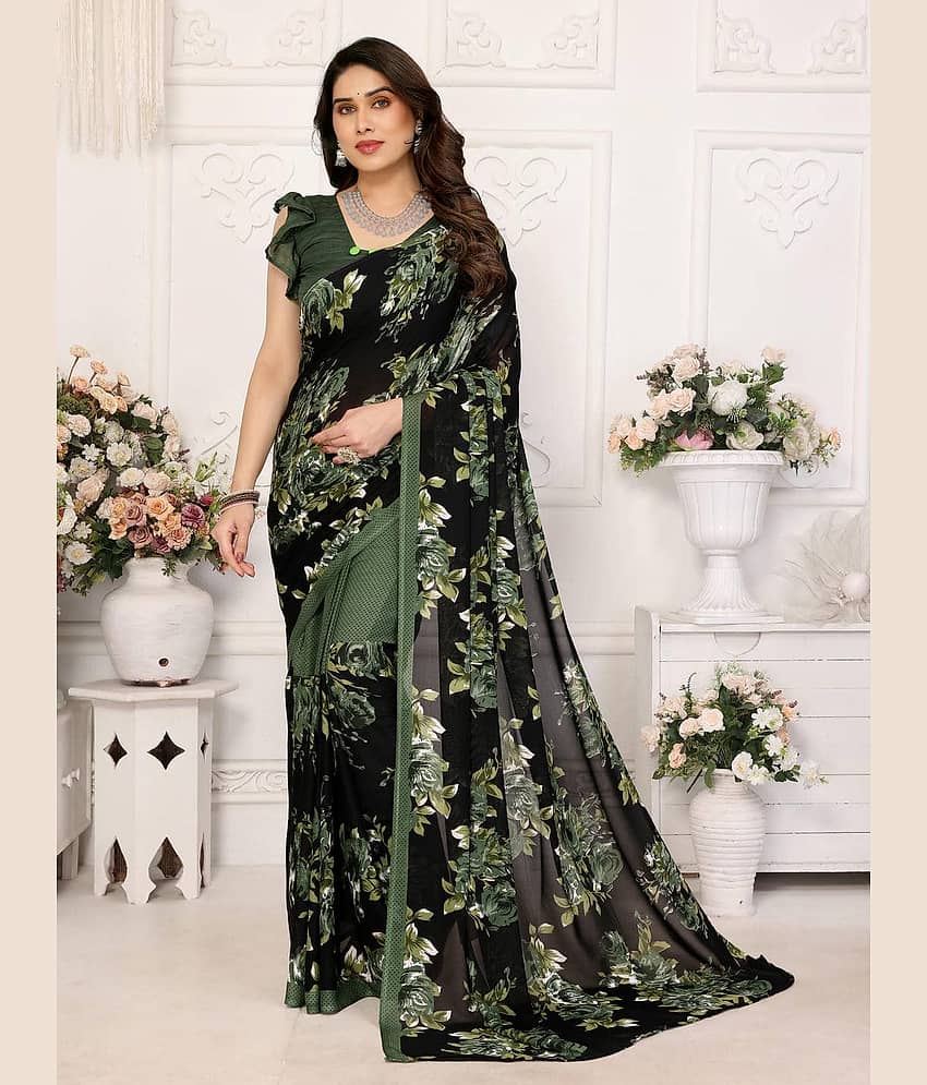 TTH Georgette Printed Regular Saree With Unstitched Blouse Piece ( Olive )