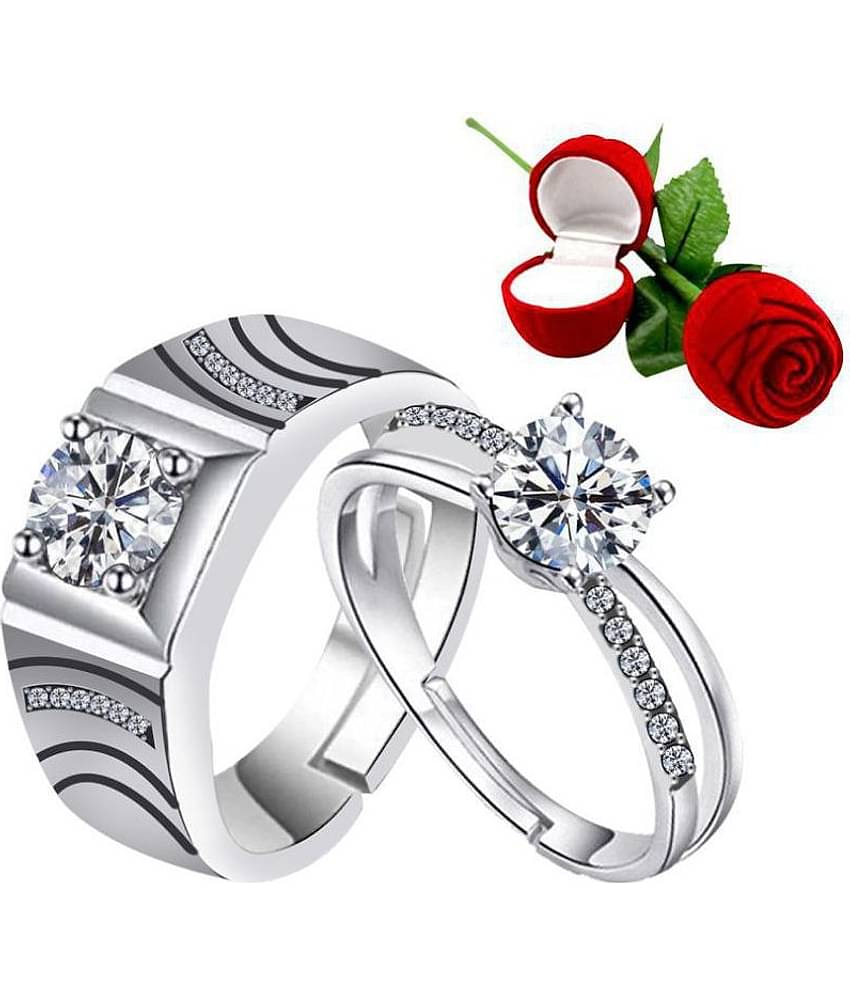 Silver Plated Adjustable Couple Rings Set for lovers Ring with 1 Piece Red Rose Gift Box  for Men and Women