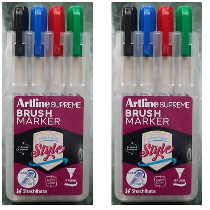 Artline Supreme Brush Marker Set of 4 of Black, Blue, Red & Green vibrant Colours x 2 Packs | Popular Tool Among Artists And Designers