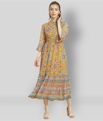 Juniper Women Chiffon Printed Fit & Flare Dress ( Yellow )