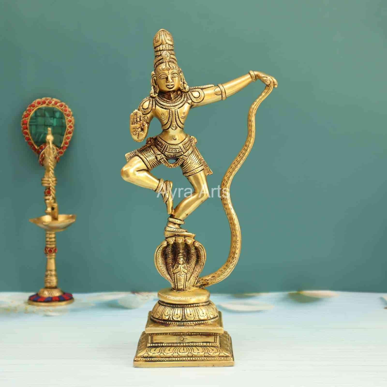 Brass Lord Krishna Dancing on Kaliya Serpent Naag Triumph of Good over Evil - 12 Inch Height